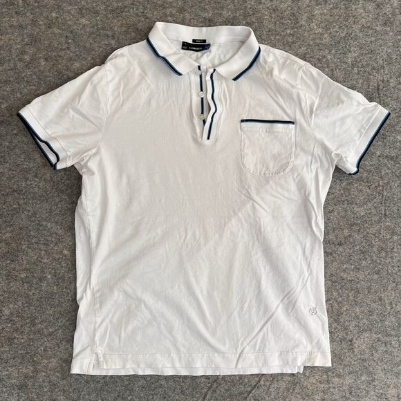J Lindeberg Polo Shirt Men’s XL SLIM Fit White Blue Trim Short Sleeve Stain READ - Picture 2 of 8